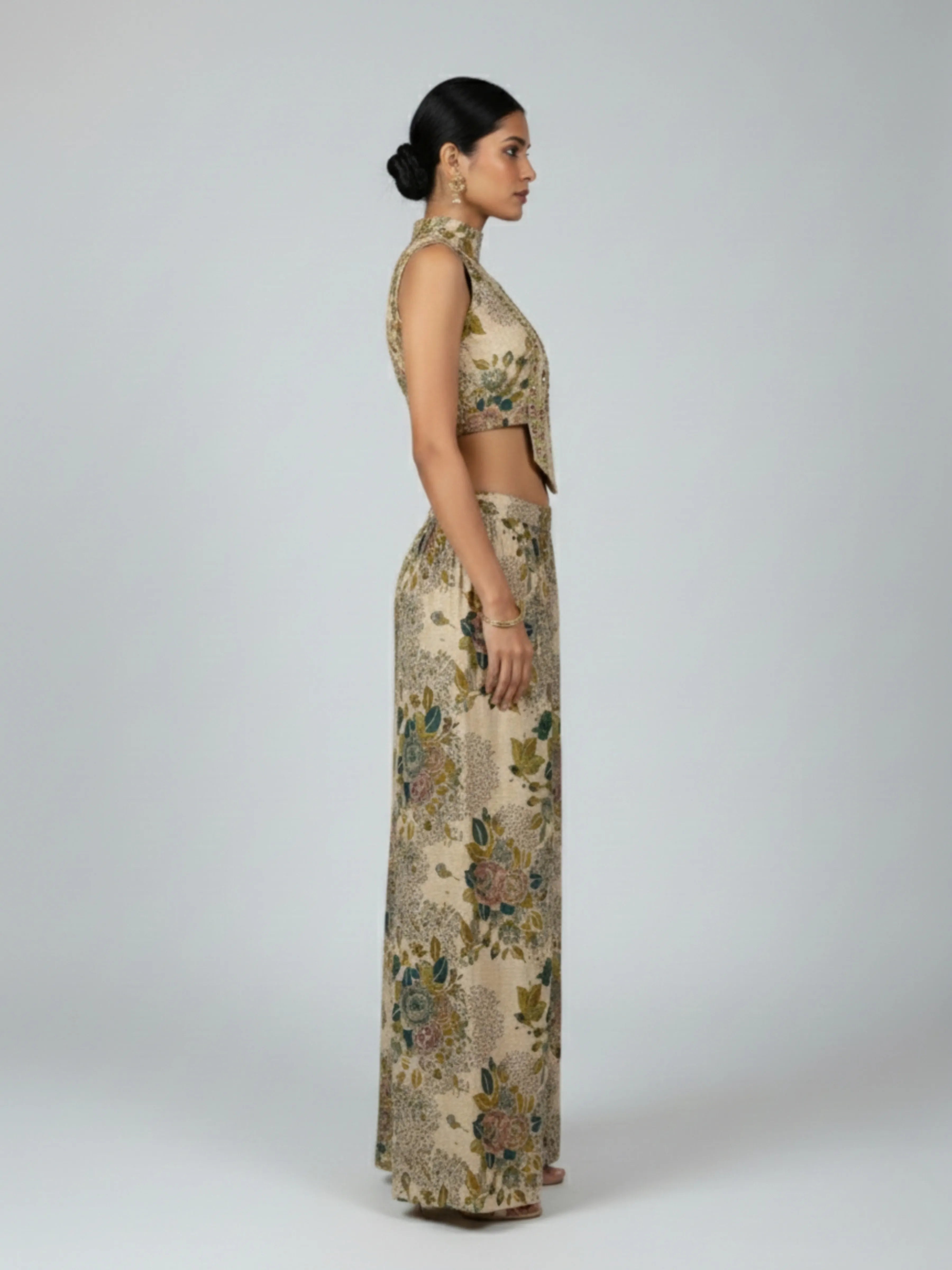 Beige Three-Piece Embellished Co-ord Set with Mirror Work & Chinon Palazzo