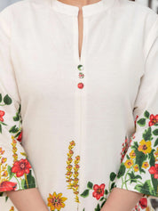 Cream Mandarin-Neck Kurta & Wide-Leg Floral Co-ord Set in Cotton Flex