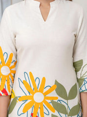 Cream Graphic Leaf Kurta & Wide-Leg Co-ord Set in Cotton Flex