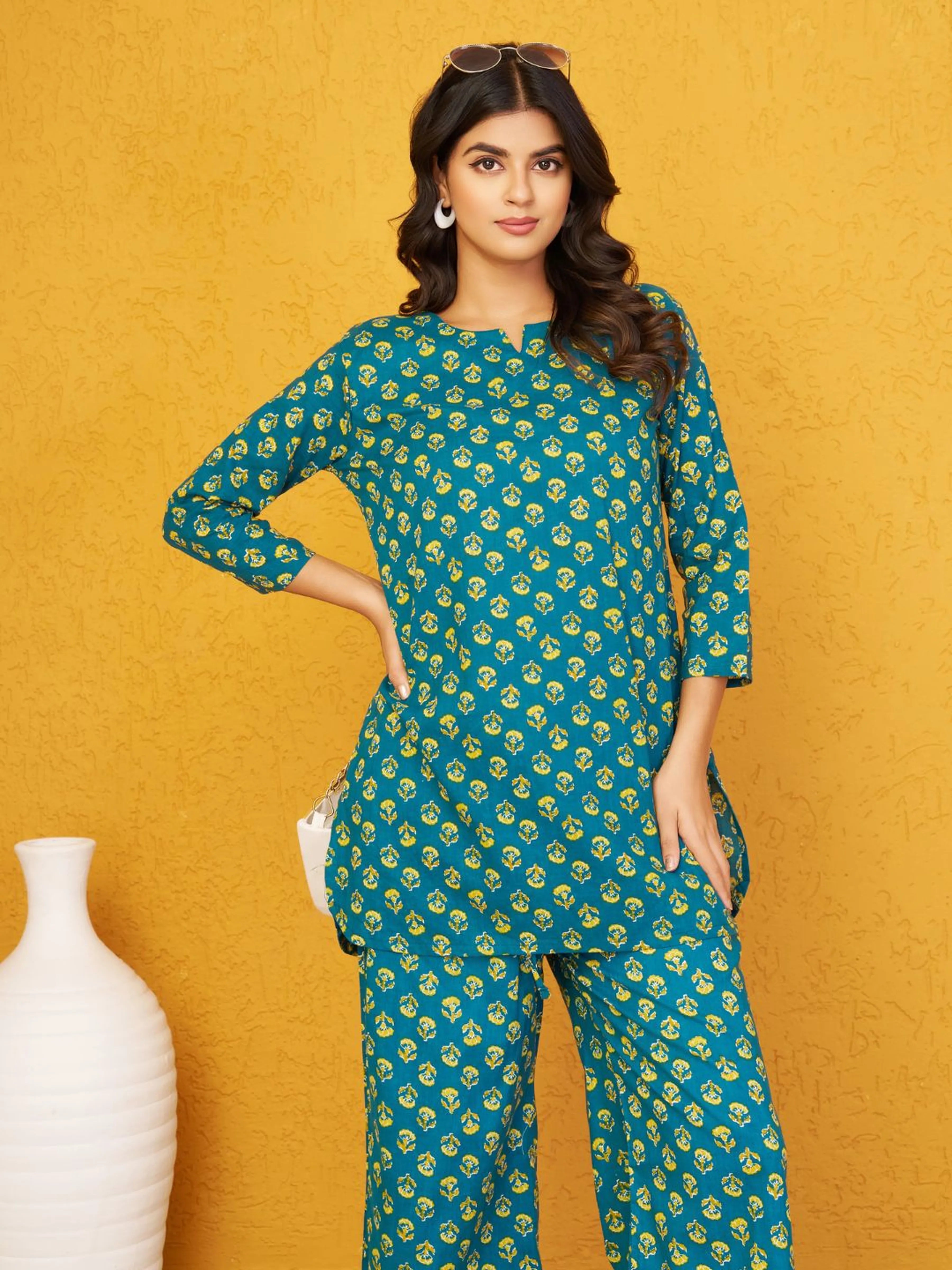 Green Floral Co-ord Set in Cotton Cambric