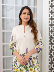 Cream Floral Placement Kurta & Wide-Leg Cotton Flex Co-ord Set