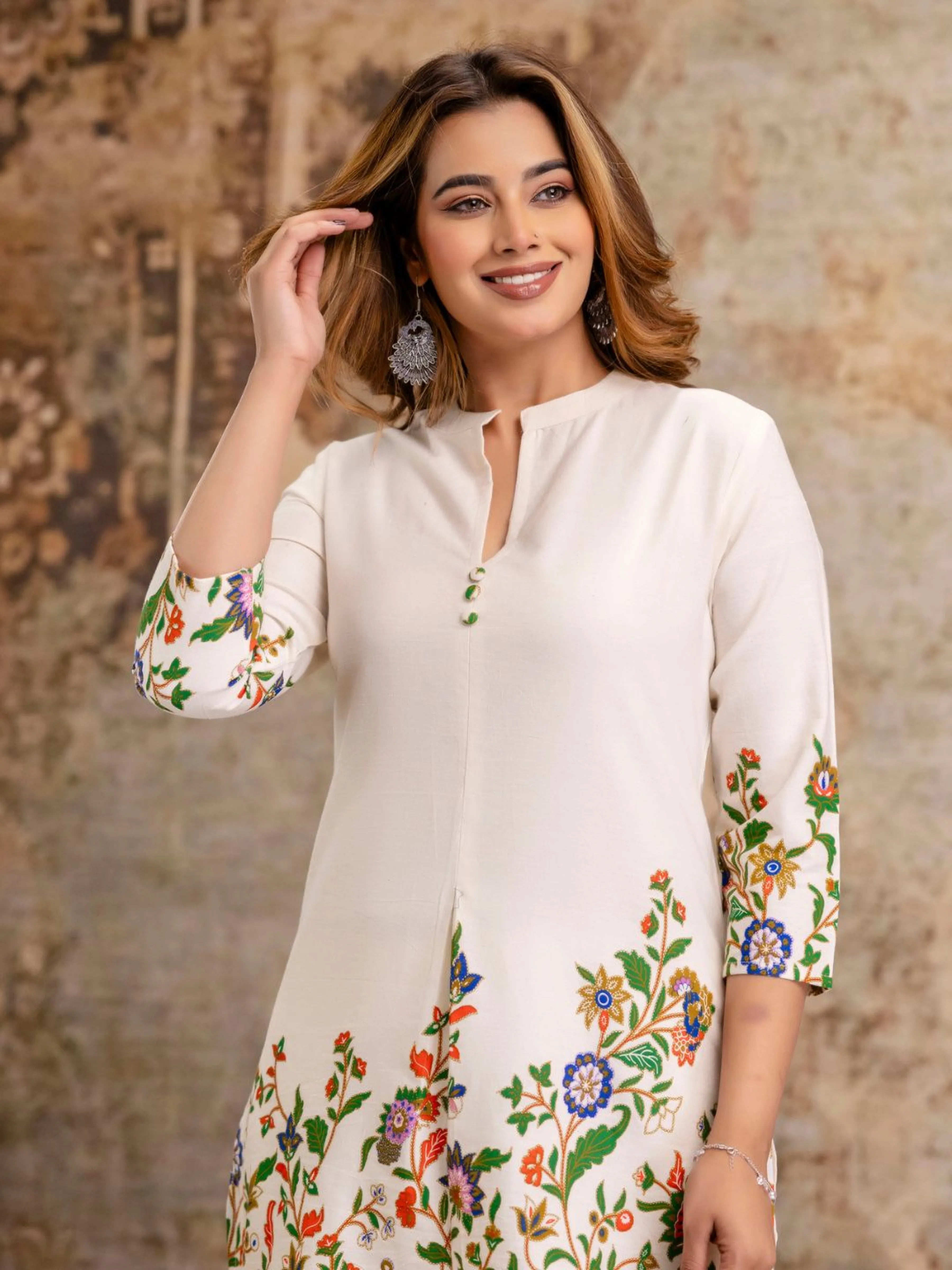 Cream Multicolour Botanical Kurta & Wide-Leg Co-ord Set in Cotton Flex