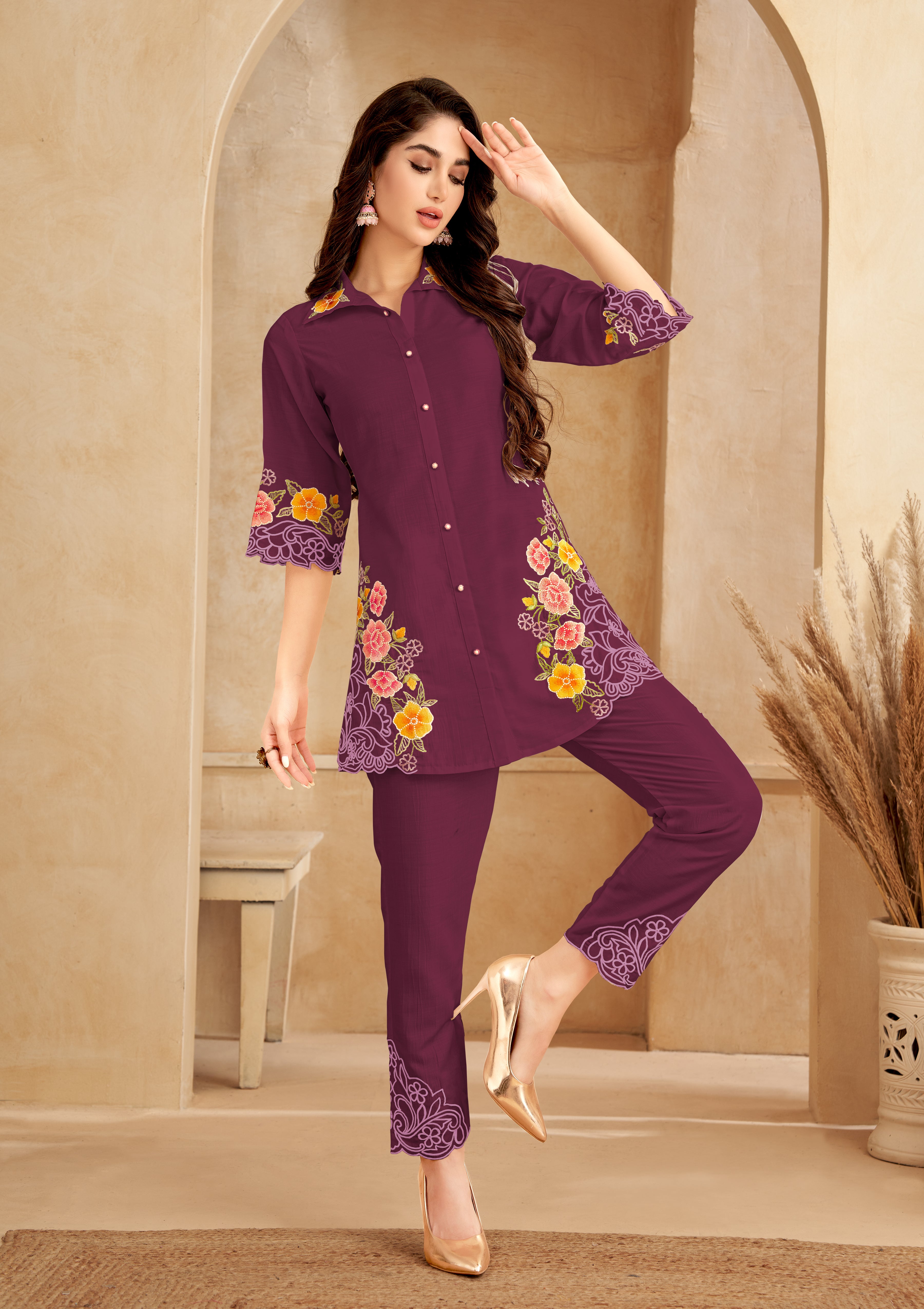 Wine Chinnon Floral Embroidered  Co-Ord Set