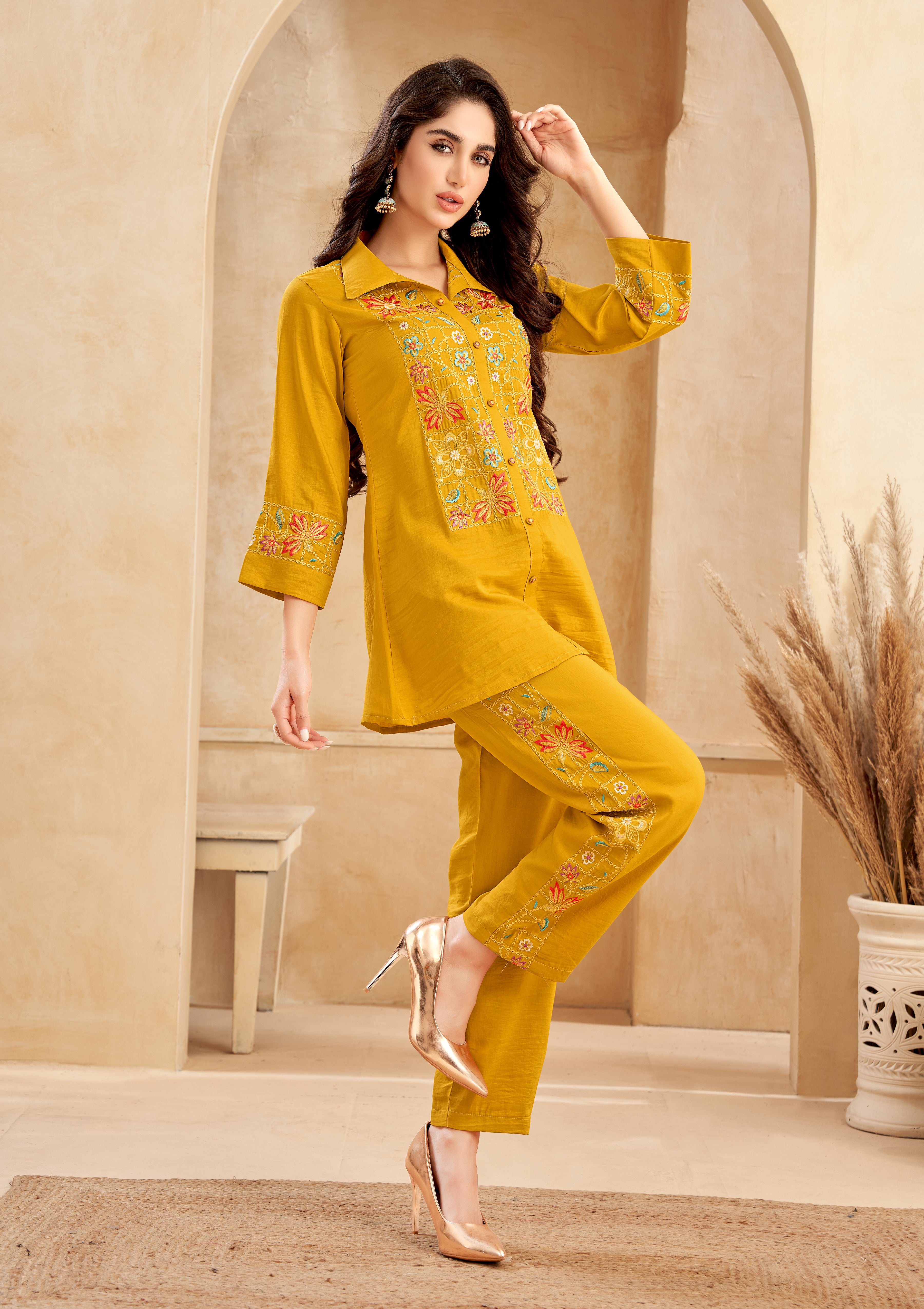 Mustard Chinnon Floral Embroidered  Co-Ord Set