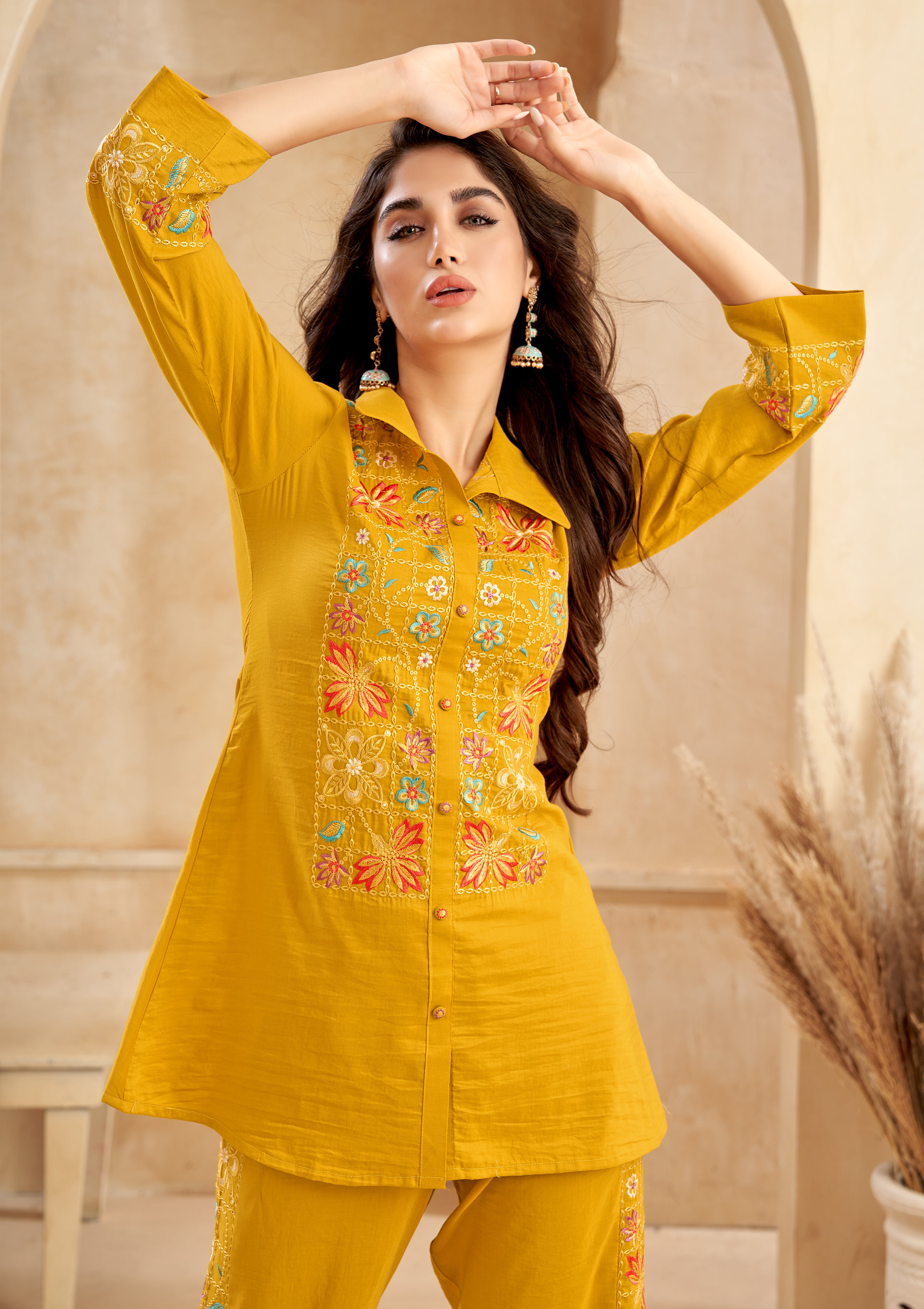 Mustard Chinnon Floral Embroidered  Co-Ord Set