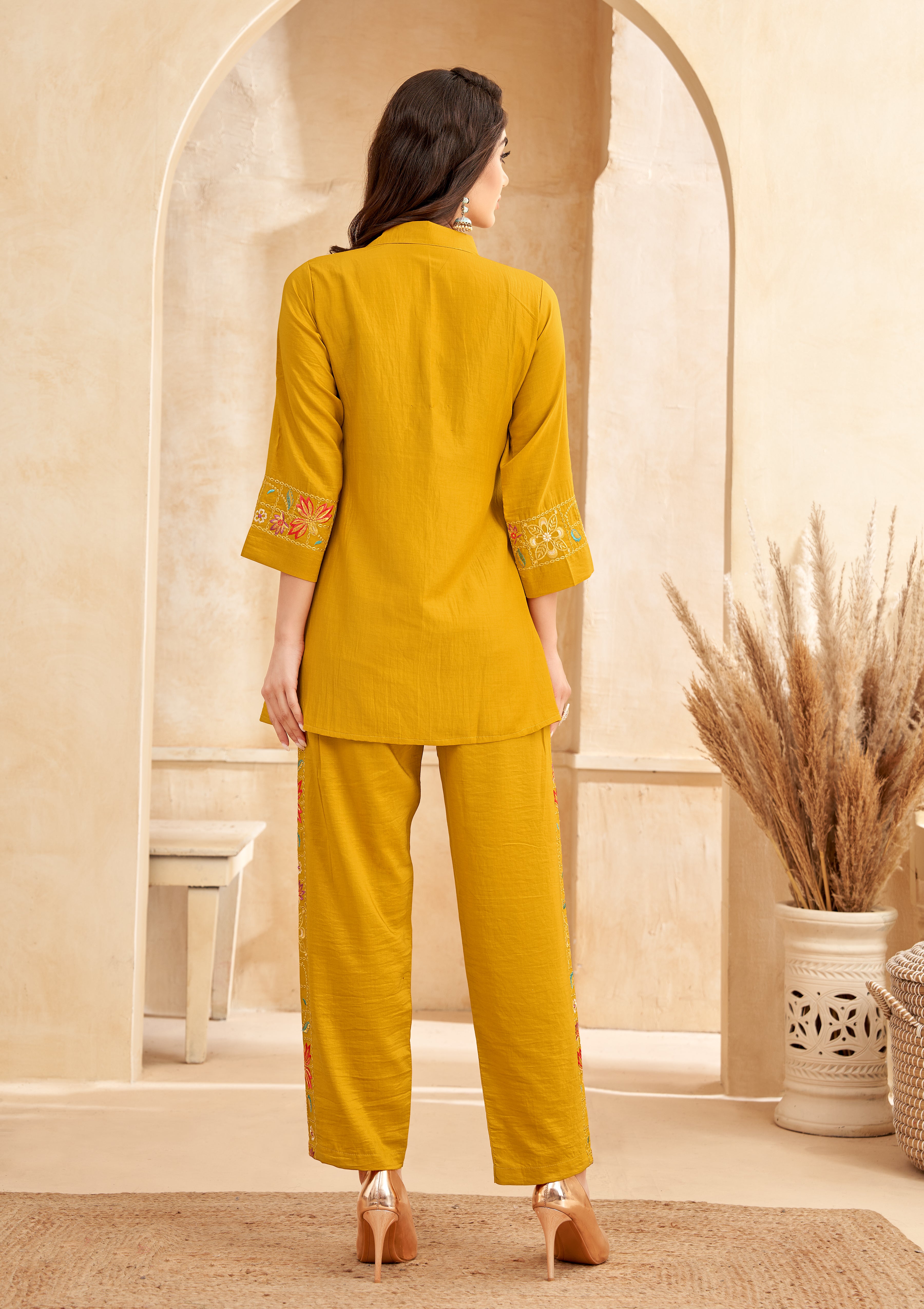 Mustard Chinnon Floral Embroidered  Co-Ord Set