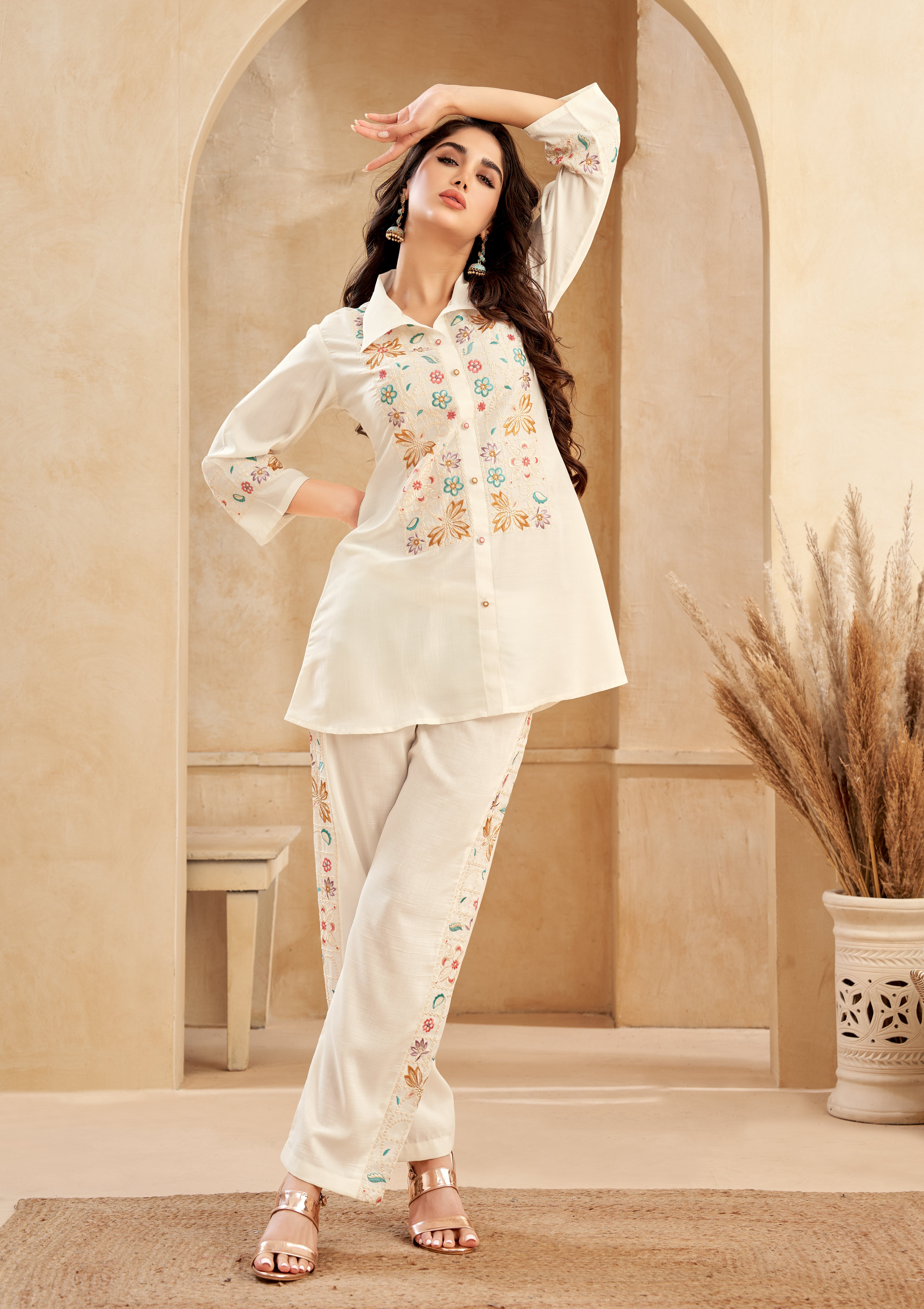 White Chinnon Floral Embroidered  Co-Ord Set