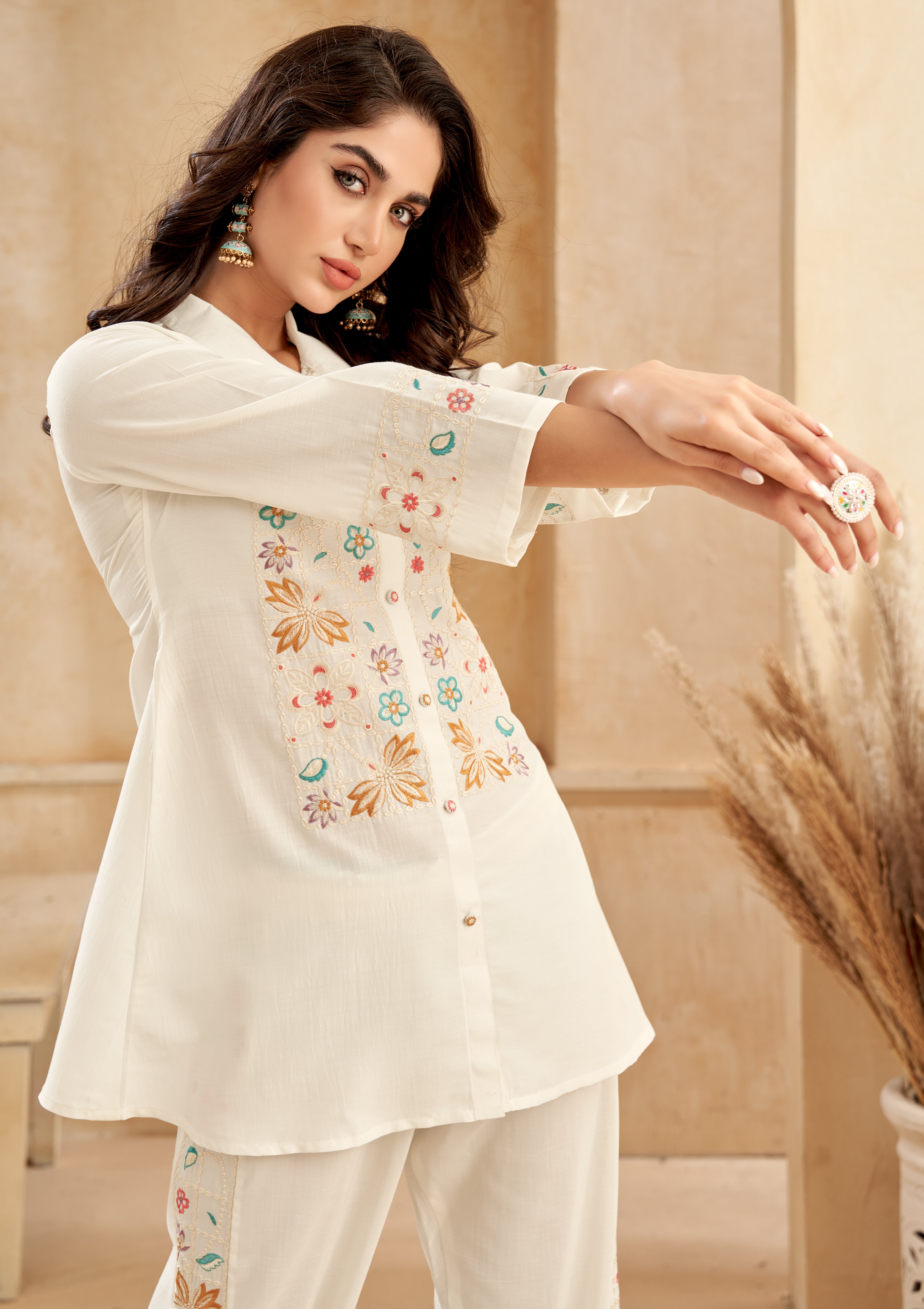 White Chinnon Floral Embroidered  Co-Ord Set