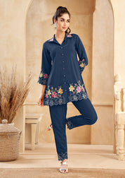 Dark Blue Roman Silk Floral Embroidered  Co-Ord Set