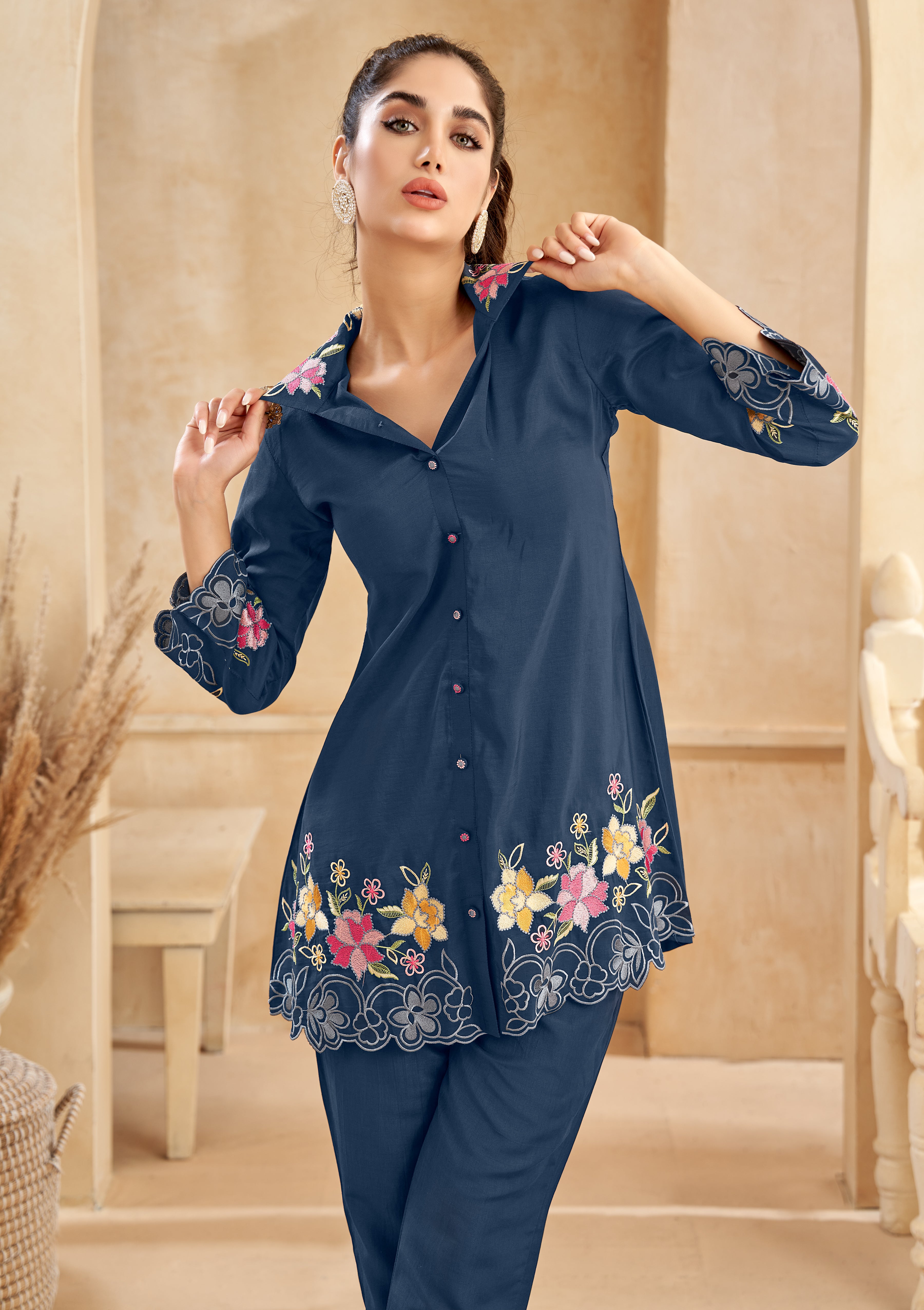 Dark Blue Roman Silk Floral Embroidered  Co-Ord Set