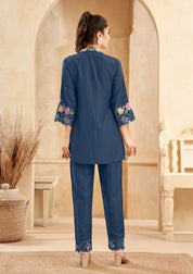 Dark Blue Roman Silk Floral Embroidered  Co-Ord Set