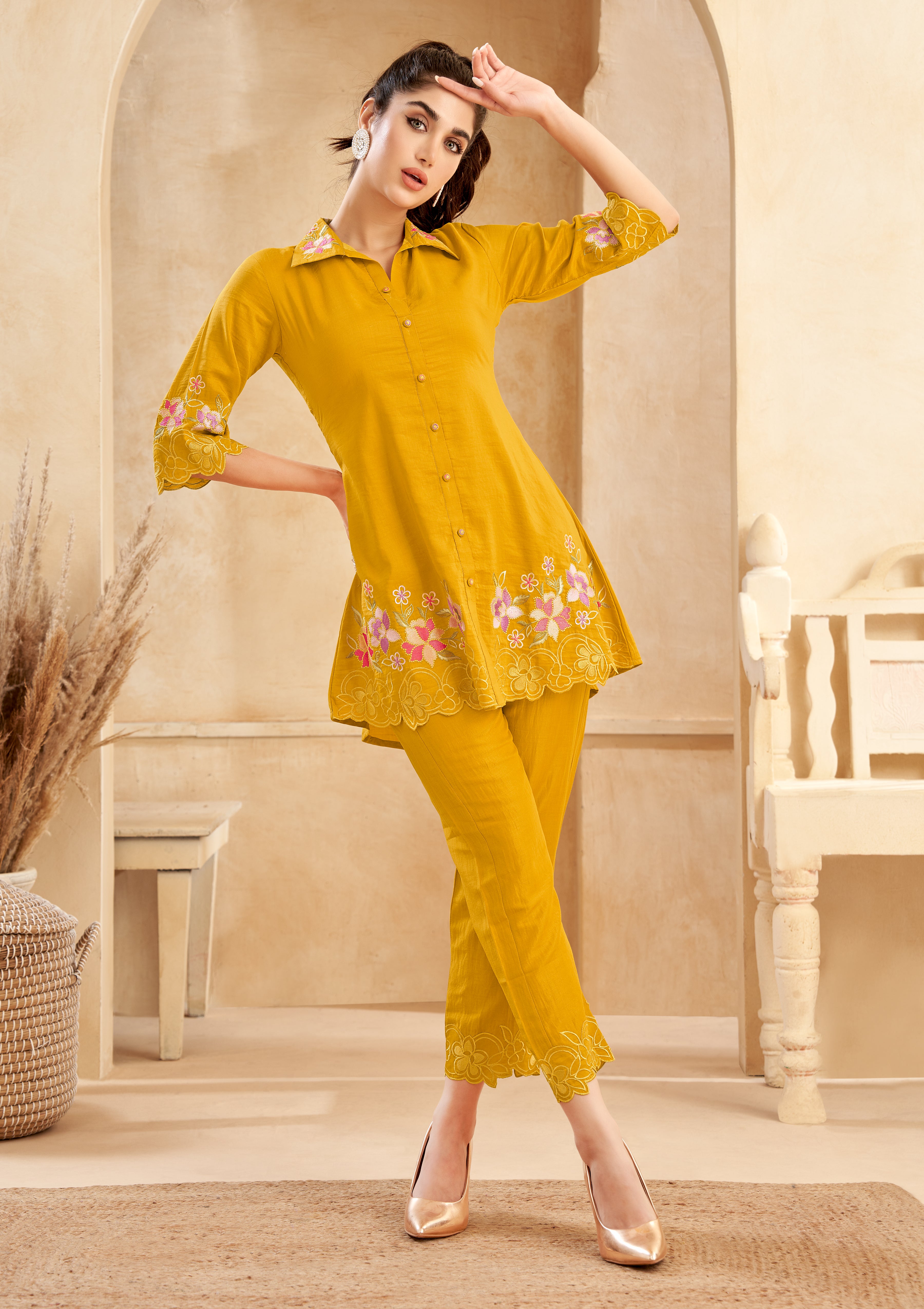 Mustard Roman Silk Floral Embroidered  Co-Ord Set