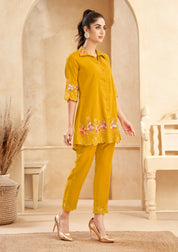 Mustard Roman Silk Floral Embroidered  Co-Ord Set