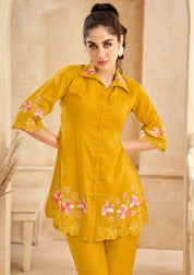 Mustard Roman Silk Floral Embroidered  Co-Ord Set