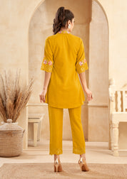 Mustard Roman Silk Floral Embroidered  Co-Ord Set