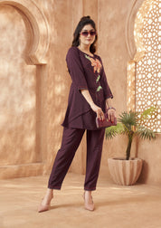 Plum Base Bold Floral Embroidered Chinnon Co-ord Set