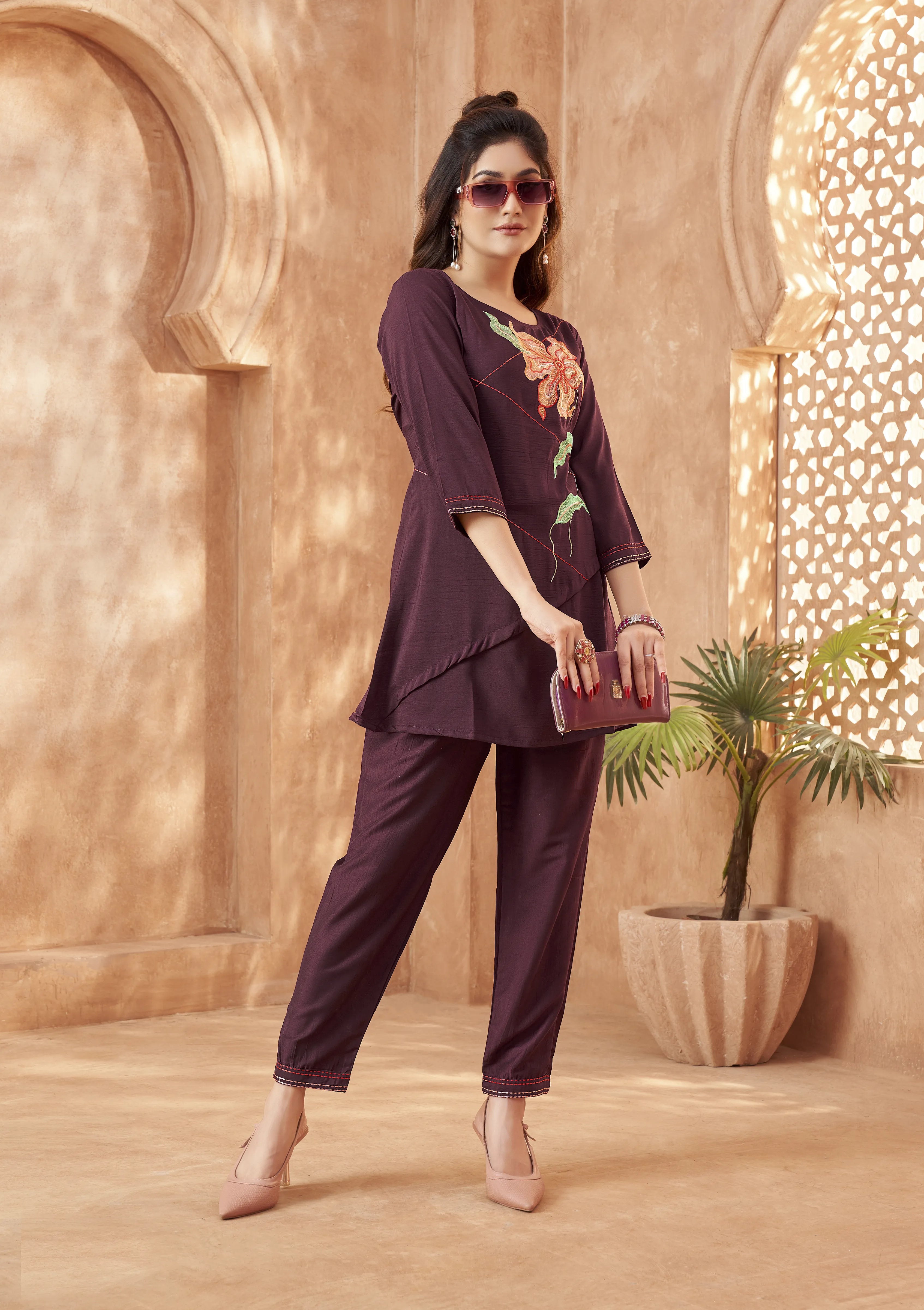 Plum Base Bold Floral Embroidered Chinnon Co-ord Set