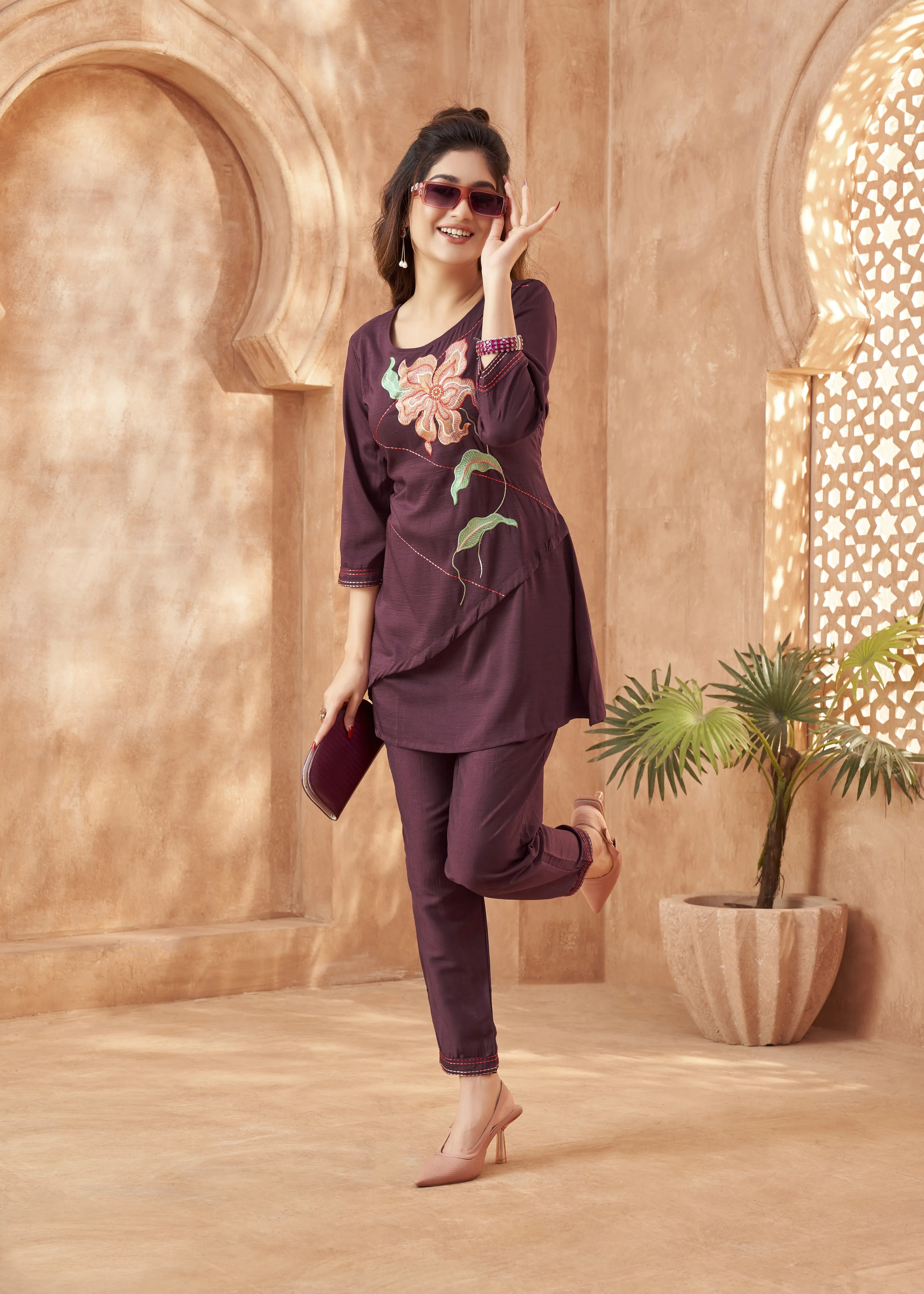 Plum Base Bold Floral Embroidered Chinnon Co-ord Set