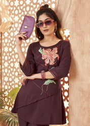 Plum Base Bold Floral Embroidered Chinnon Co-ord Set