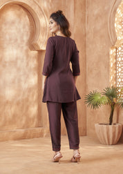 Plum Base Bold Floral Embroidered Chinnon Co-ord Set