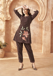Plum Base Bold Leaf & Flower Embroidered Chinnon Co-ord Set