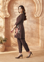 Plum Base Bold Leaf & Flower Embroidered Chinnon Co-ord Set