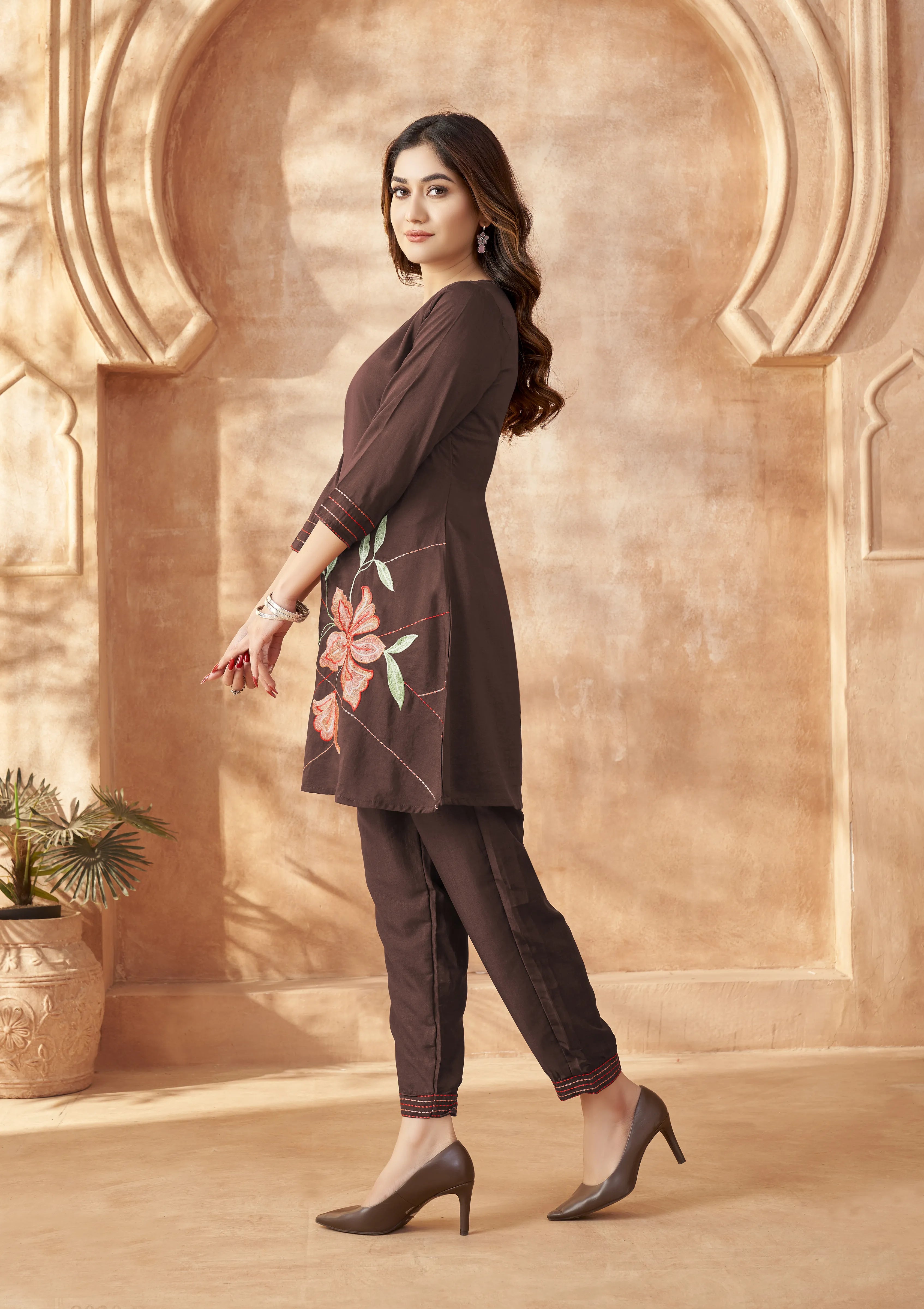 Plum Base Bold Leaf & Flower Embroidered Chinnon Co-ord Set