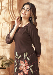 Plum Base Bold Leaf & Flower Embroidered Chinnon Co-ord Set