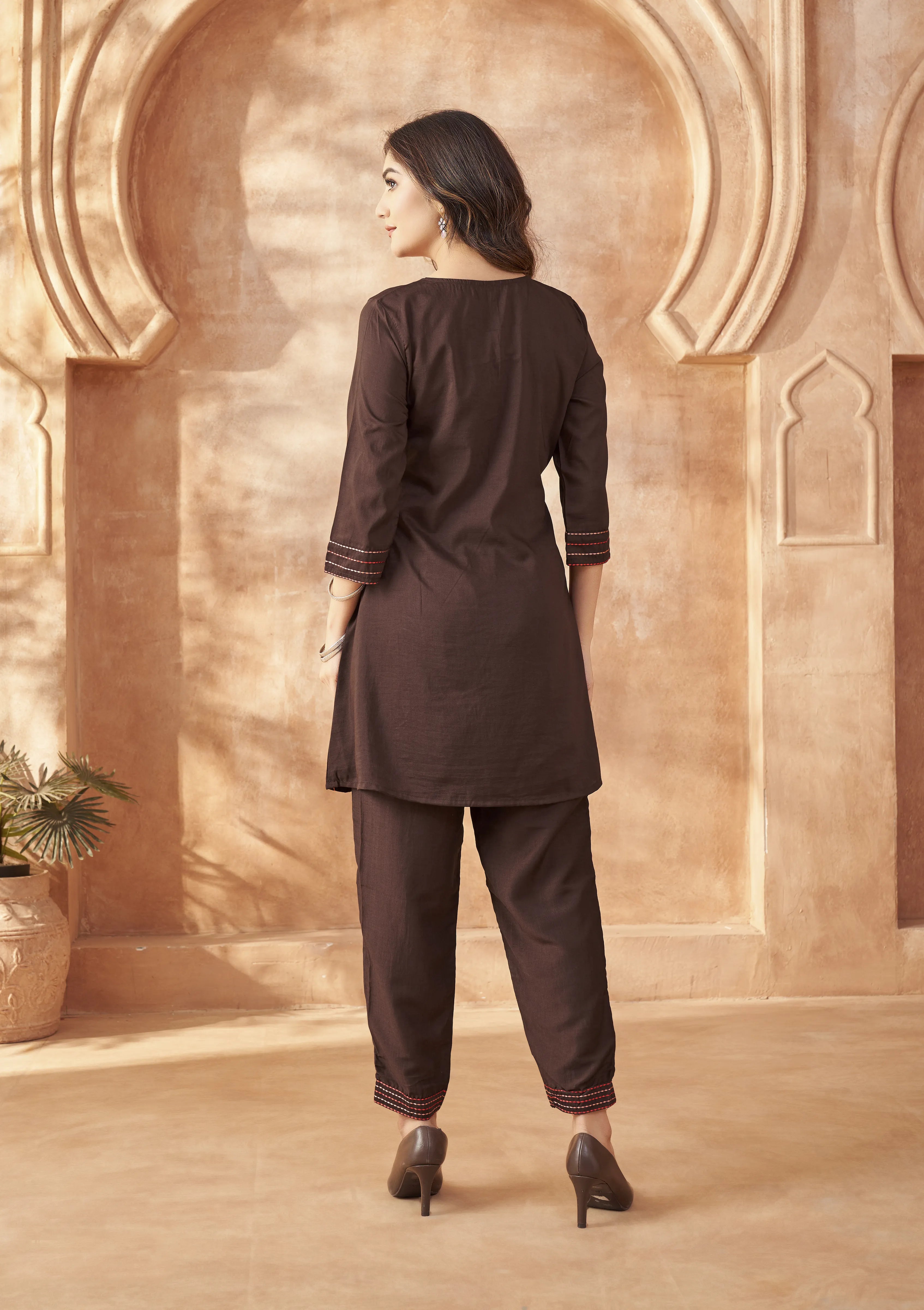 Plum Base Bold Leaf & Flower Embroidered Chinnon Co-ord Set