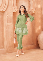 Pista & Cream Embroidered Co-ord Set in Chinon