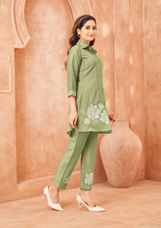 Pista & Cream Embroidered Co-ord Set in Chinon