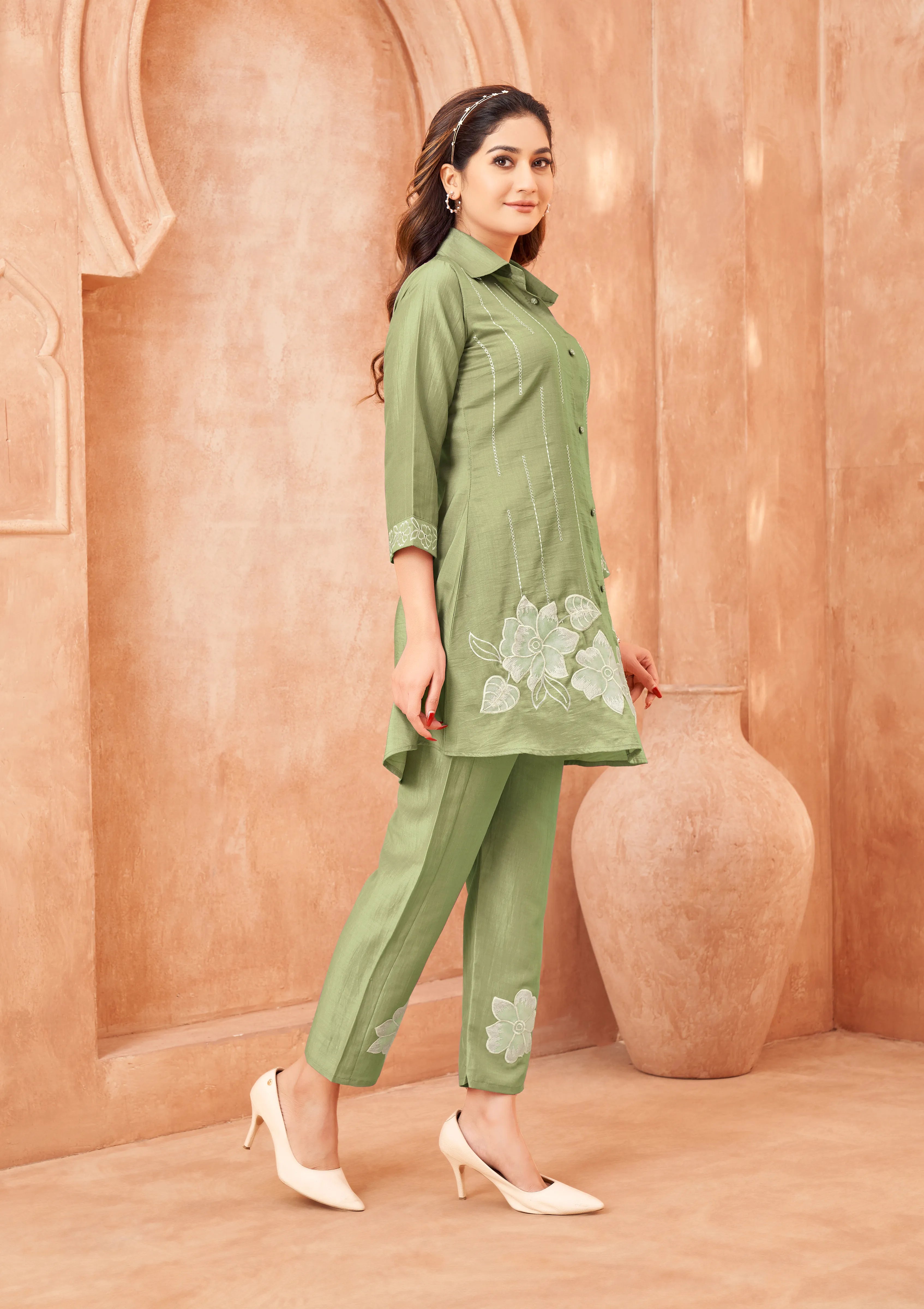 Pista & Cream Embroidered Co-ord Set in Chinon