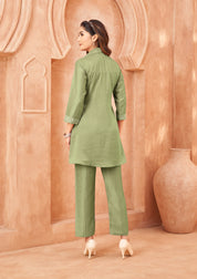 Pista & Cream Embroidered Co-ord Set in Chinon