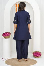 Navy Blue Floral Embroidered Co-ord Set in Roman Silk