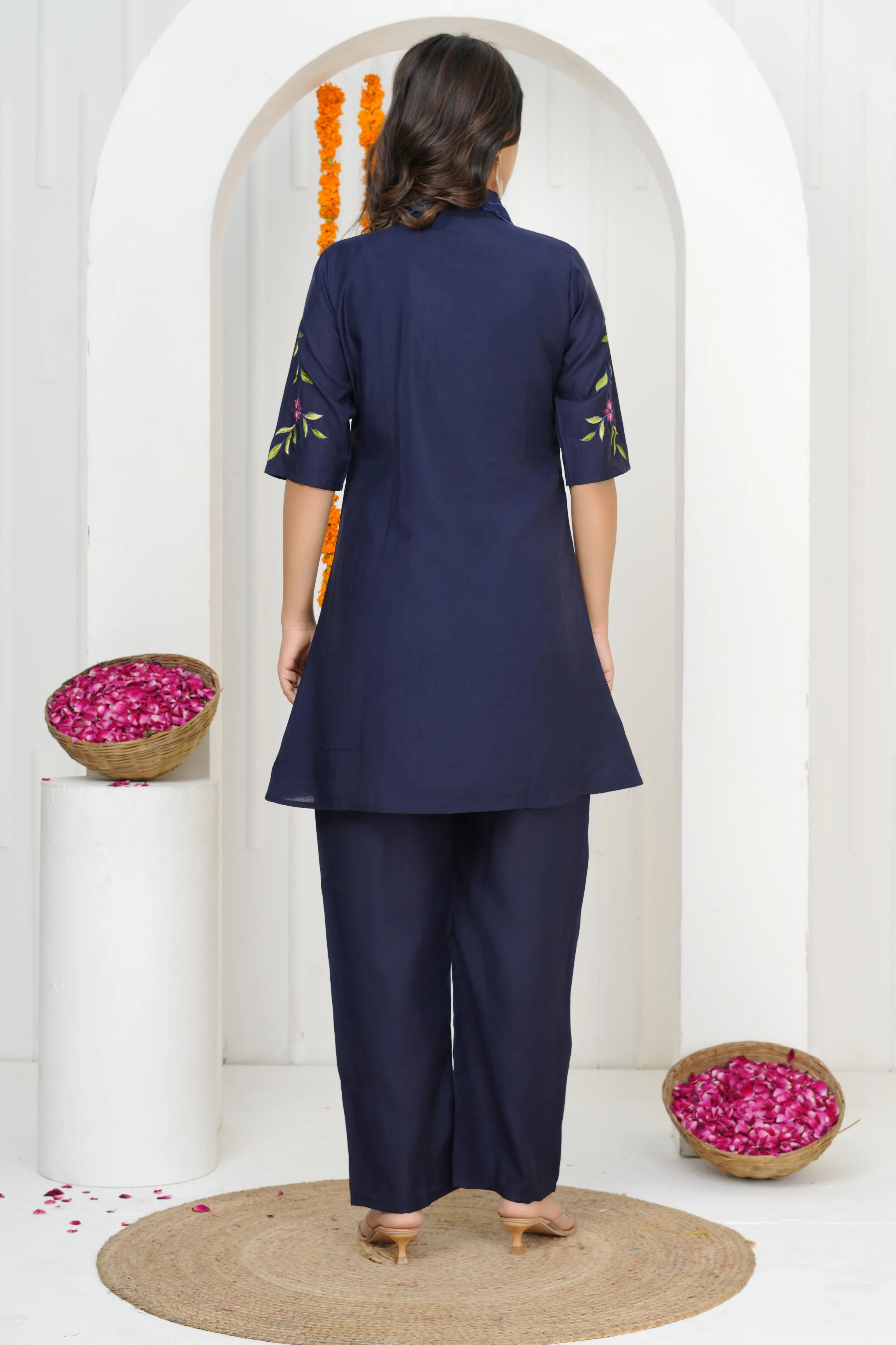 Navy Blue Floral Embroidered Co-ord Set in Roman Silk