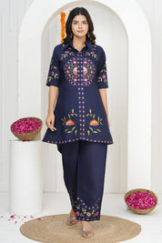 Navy Blue Floral Embroidered Co-ord Set in Roman Silk