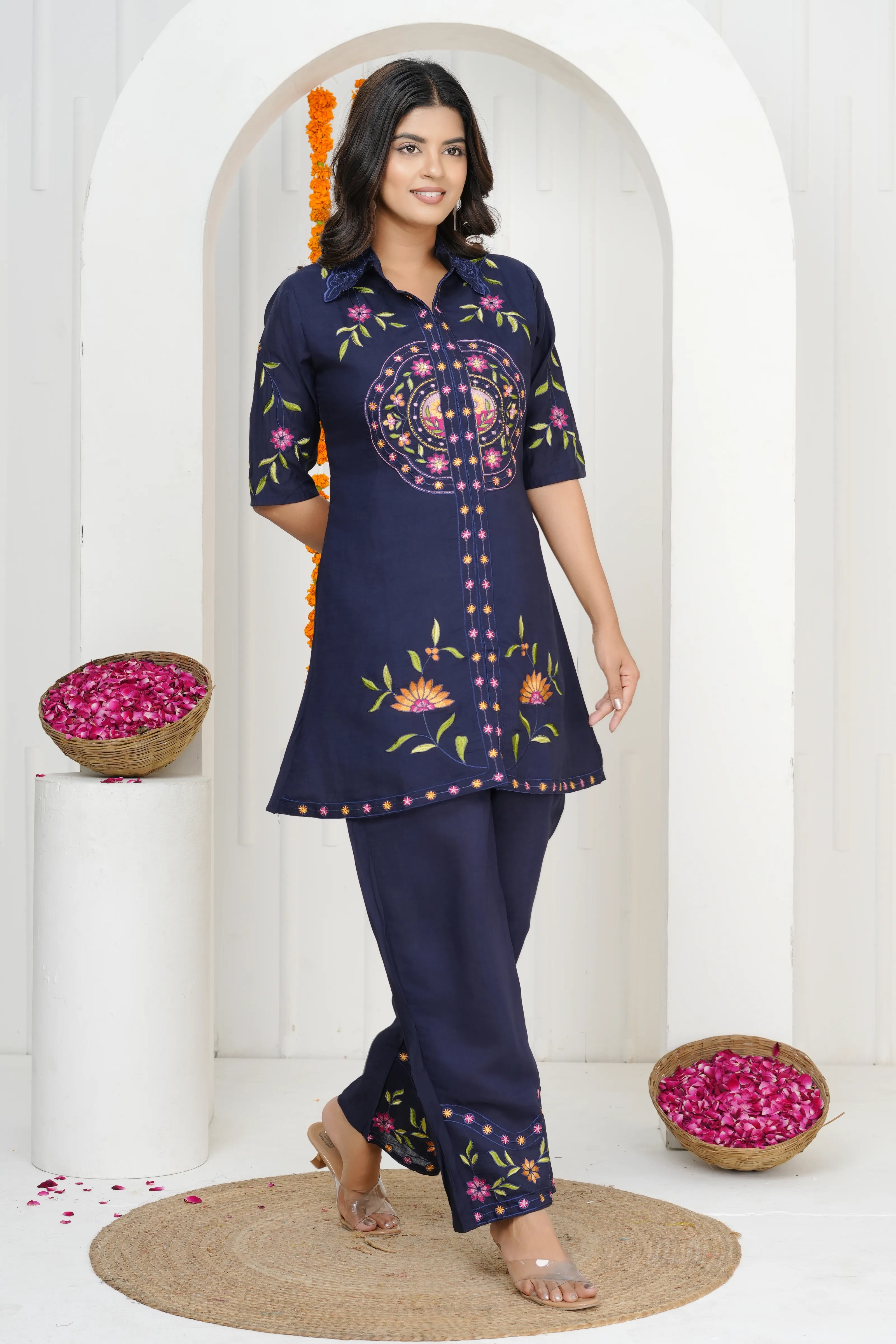 Navy Blue Floral Embroidered Co-ord Set in Roman Silk