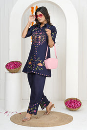 Navy Blue Floral Embroidered Co-ord Set in Roman Silk