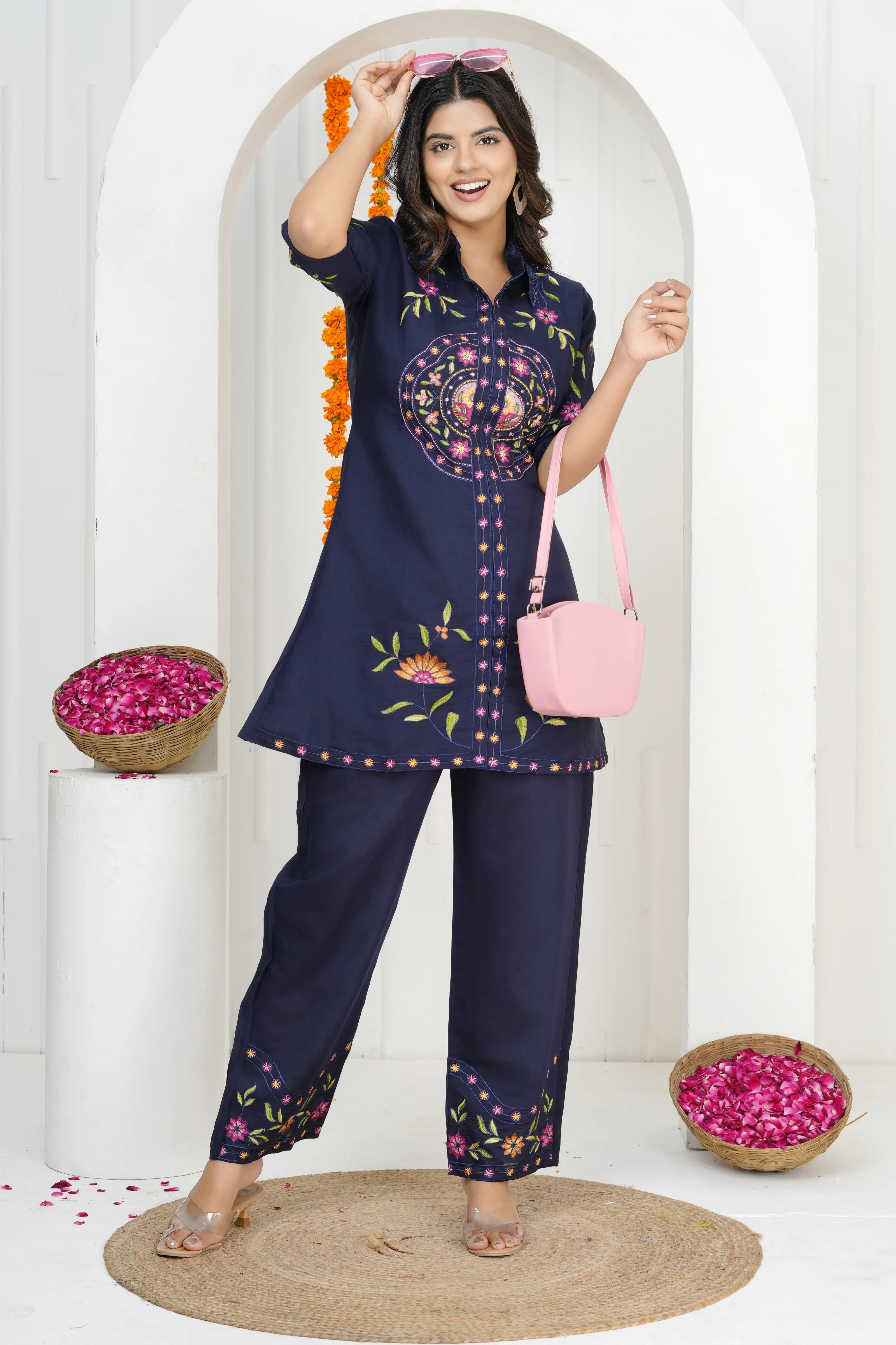 Navy Blue Floral Embroidered Co-ord Set in Roman Silk