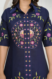 Navy Blue Floral Embroidered Co-ord Set in Roman Silk