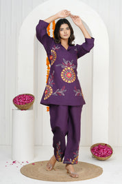 Dark Purple Floral Embroidered Co-ord Set in Roman Silk