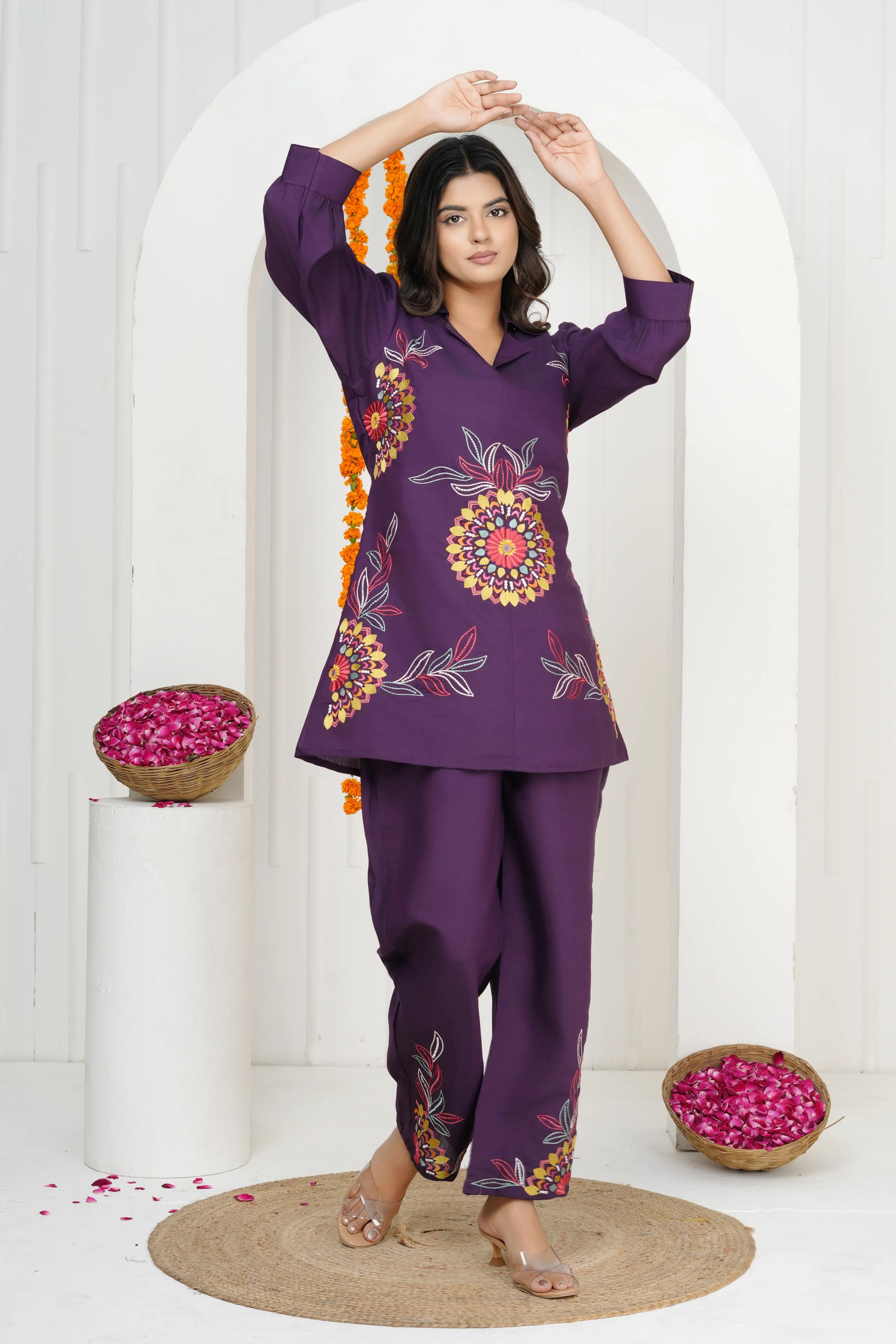 Dark Purple Floral Embroidered Co-ord Set in Roman Silk