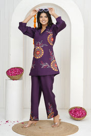 Dark Purple Floral Embroidered Co-ord Set in Roman Silk