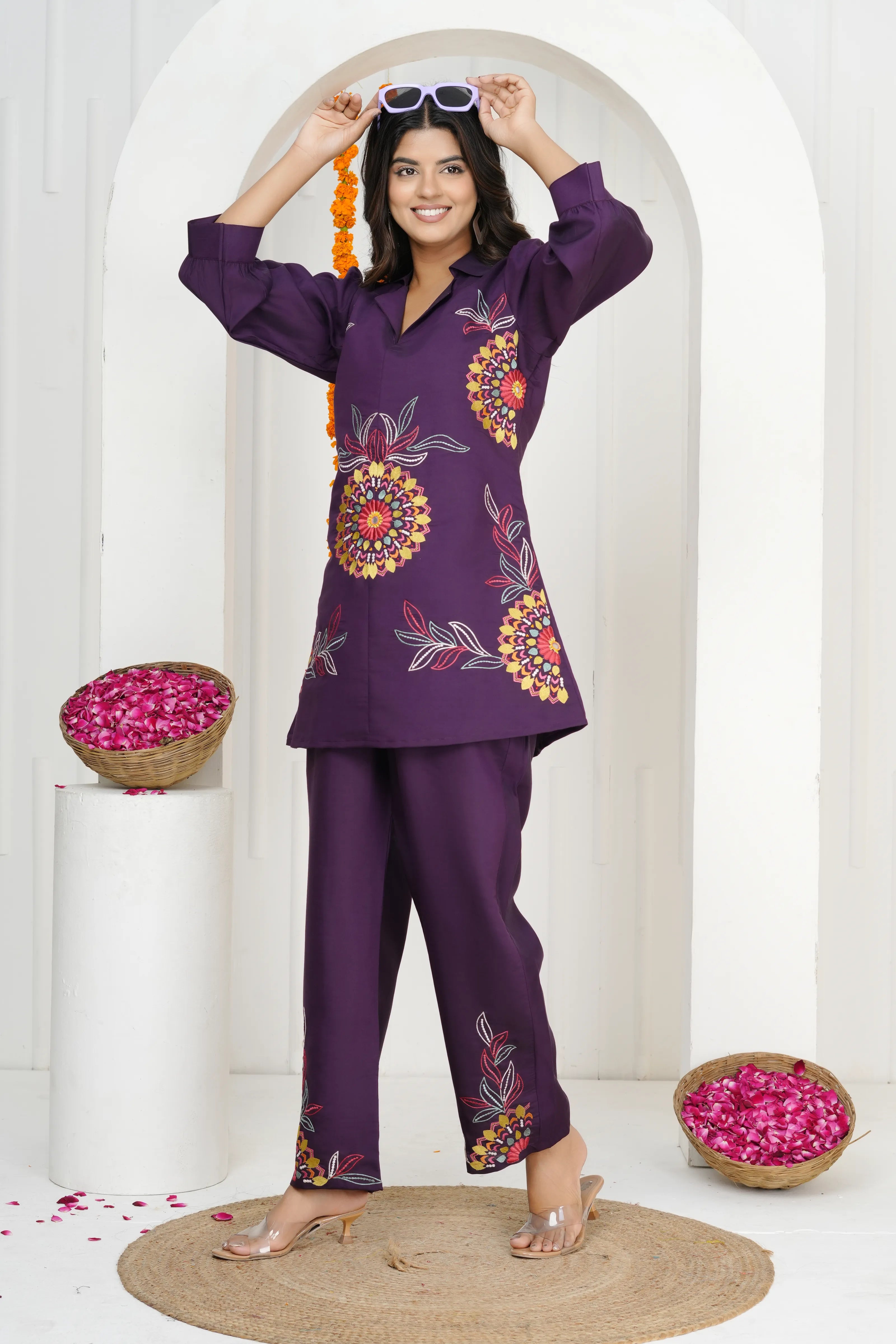 Dark Purple Floral Embroidered Co-ord Set in Roman Silk