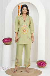 Pista Green Floral Embroidered Co-ord Set in Roman Silk