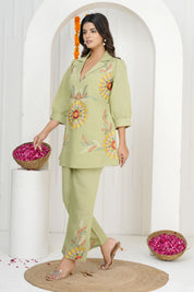 Pista Green Floral Embroidered Co-ord Set in Roman Silk