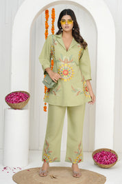 Pista Green Floral Embroidered Co-ord Set in Roman Silk