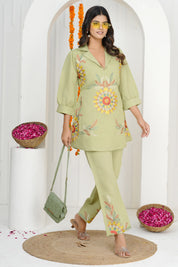 Pista Green Floral Embroidered Co-ord Set in Roman Silk