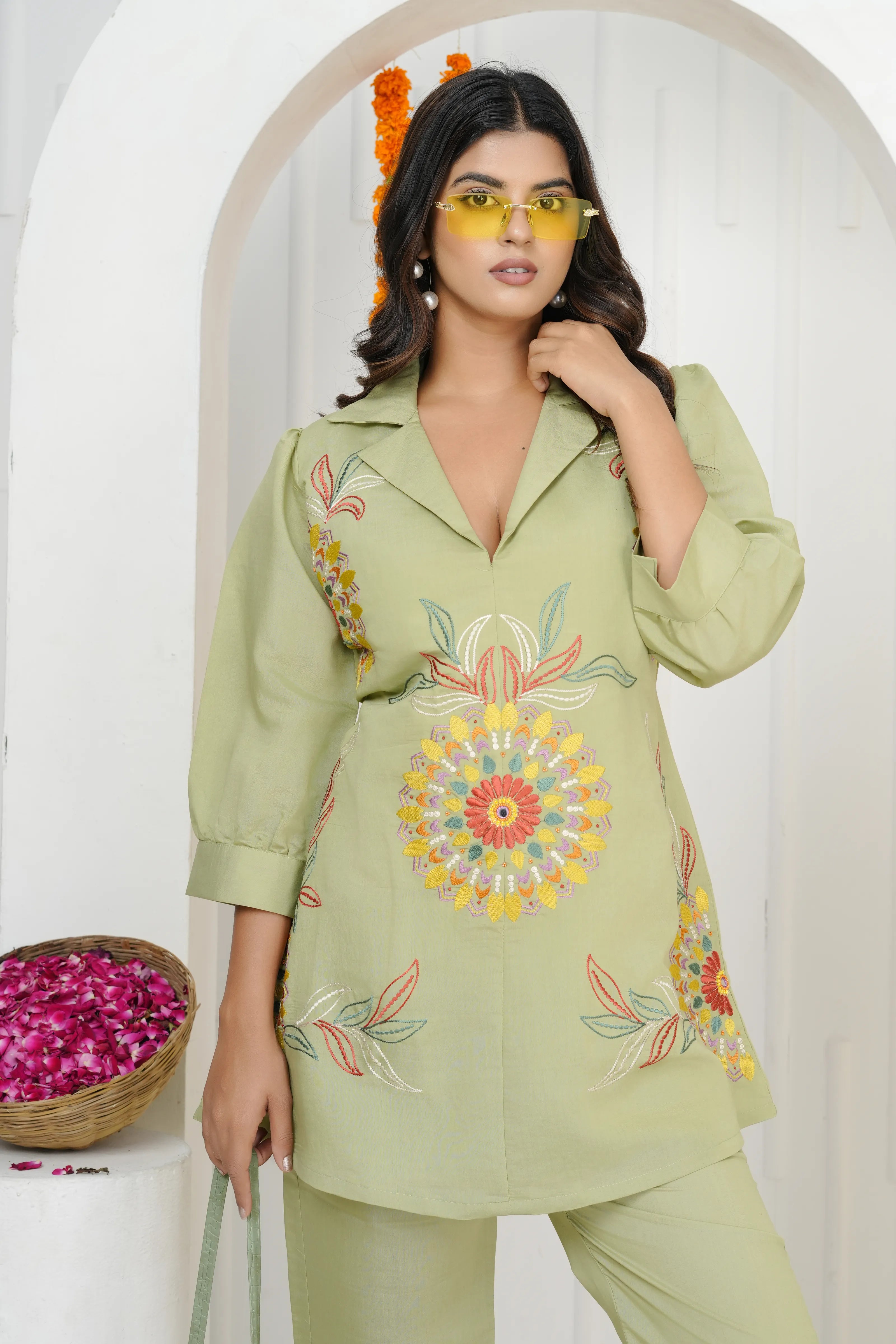 Pista Green Floral Embroidered Co-ord Set in Roman Silk