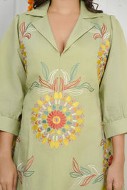 Pista Green Floral Embroidered Co-ord Set in Roman Silk
